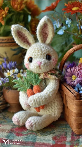 Милый вязаный зайчик на пикнике среди цветов и корзинки с угощениями. Изображение из нейросети Midjourney