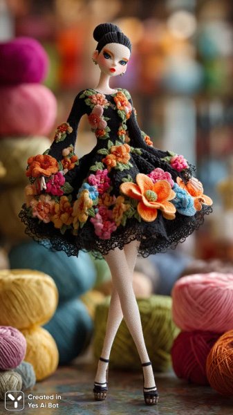 Вязаная красавица среди клубков яркой пряжи и реквизита рукоделия. Изображение из нейросети Midjourney