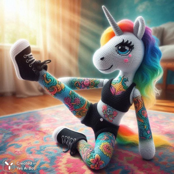 Забавный вязаный единорог с татуировками в ярком интерьере. Генерация из нейросети Dalle