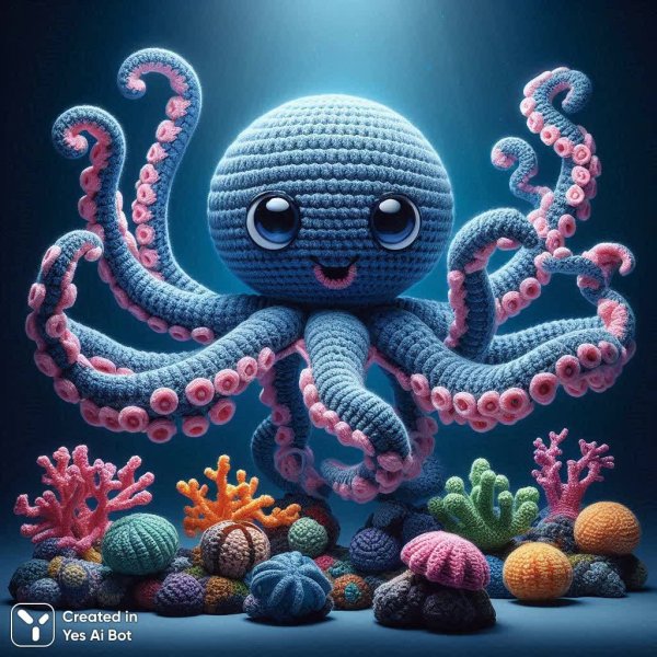 Очаровательный осьминог крючком: яркий мир вязаных чудес. Генерация из нейронной сети Dalle 3