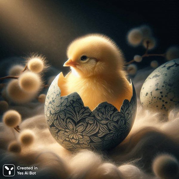 Вылупление желтого цыпленка из узорчатой скорлупы яйца. Изображение из нейросети Dalle-3