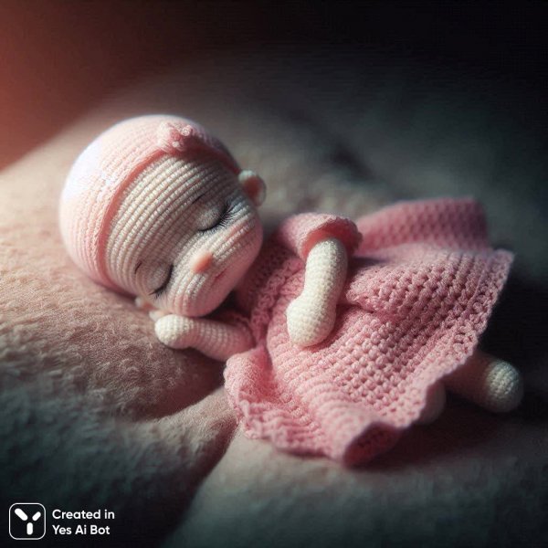 Милая вязаная кукла-малышка в розовом платье. Нейронная сеть Dalle-3