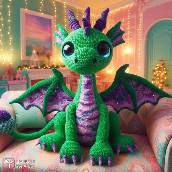 Яркий вязаный дракончик в сказочной комнате с гирляндами. Изображение из нейронной сети Dalle 3