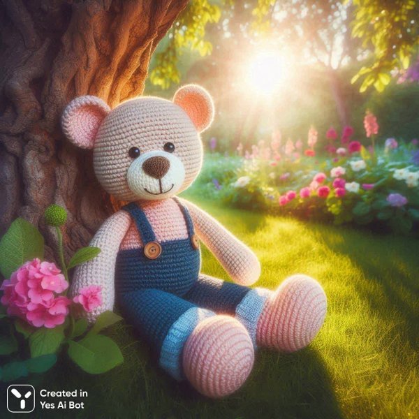 Милый вязаный медвежонок в стильном наряде и солнечное настроение. Генерация из нейросети Dalle-3