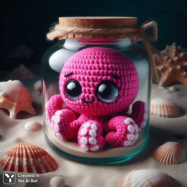 Очаровательный вязаный осьминог в стеклянной банке на морском берегу. Генерация из нейронной сети Dalle