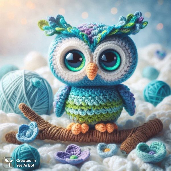 Необычная вязаная сова с яркими перьями и большими глазами на ветке. Картинка из нейронной сети Dalle 3