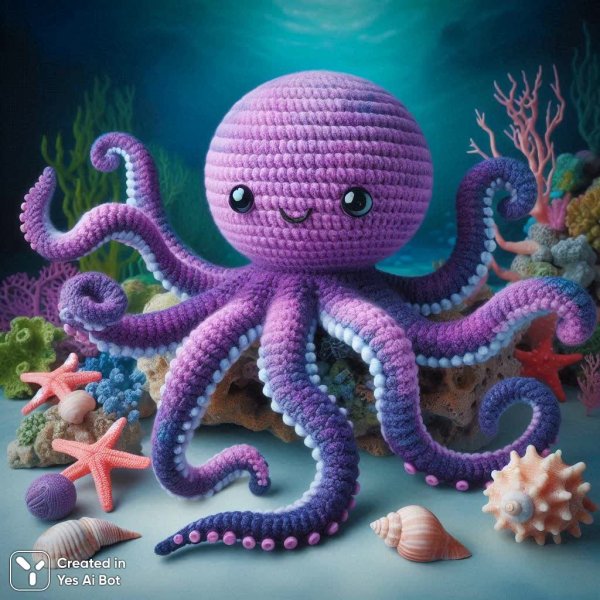 Фиолетовый осьминожка: уютная игрушка ручной работы в морской тематике. Генерация из нейронной сети Dalle 3