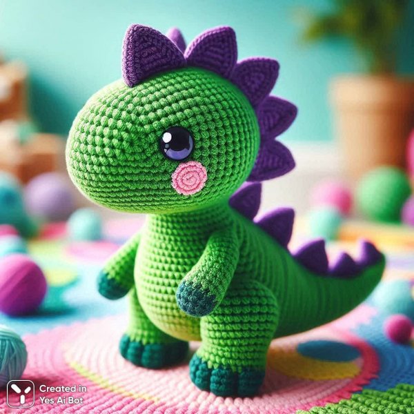Забавный вязаный динозавр в ярком зеленом цвете с фиолетовыми шипами на спине. Генерация из нейронной сети Dalle
