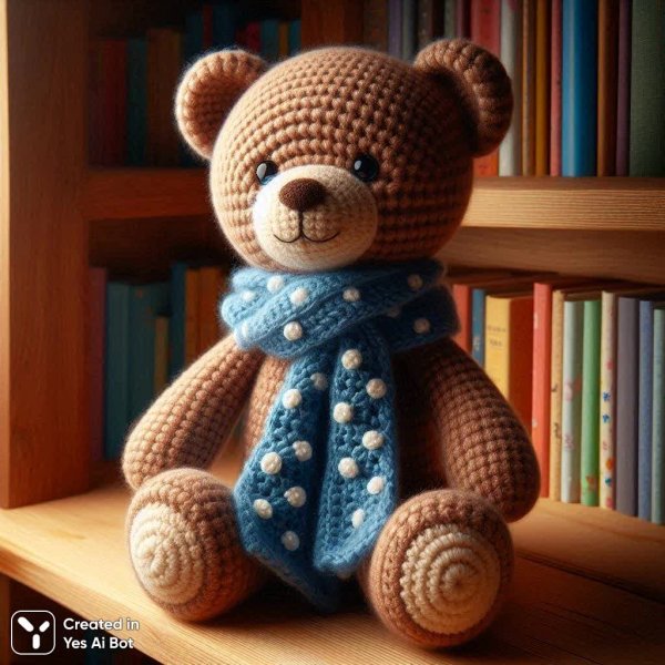 Милый вязаный медвежонок с шарфиком на полке среди детских книг. Генерация из нейронной сети Dalle
