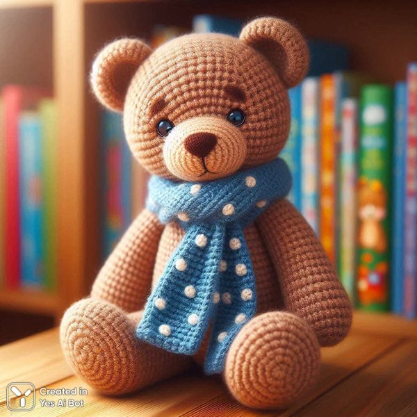Уютный вязаный мишка на полочке с детскими книгами. Картинка из нейросети Dalle