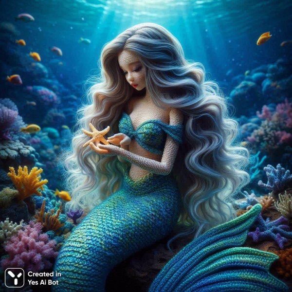 Ручная работа: очаровательная кукла русалка с мерцающими чешуйками и длинными волнами волос. Картинка из нейронной сети Dalle-3