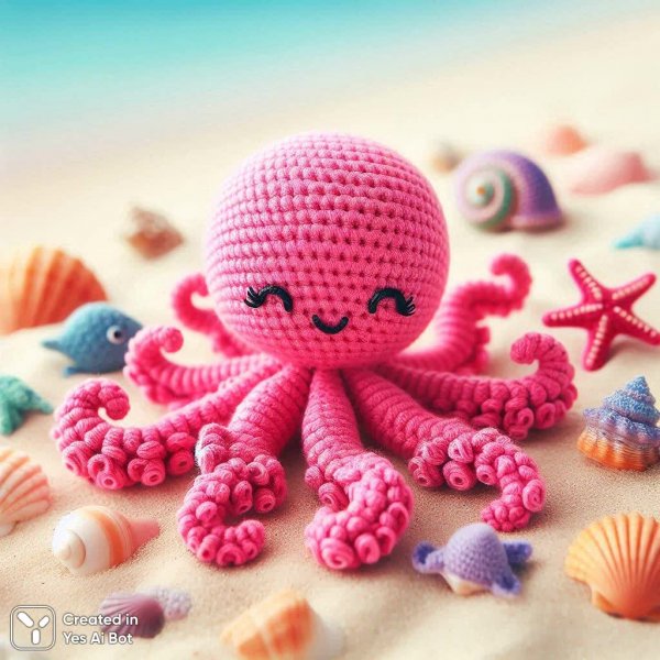 Милый вязаный осьминожек на песчаном пляже. Изображение из нейронной сети Dalle 3