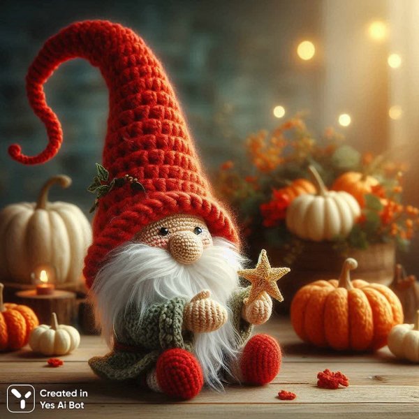 Сказочный гном с красной шапкой и белой бородой на деревянном столе. Нейросеть Dalle 3