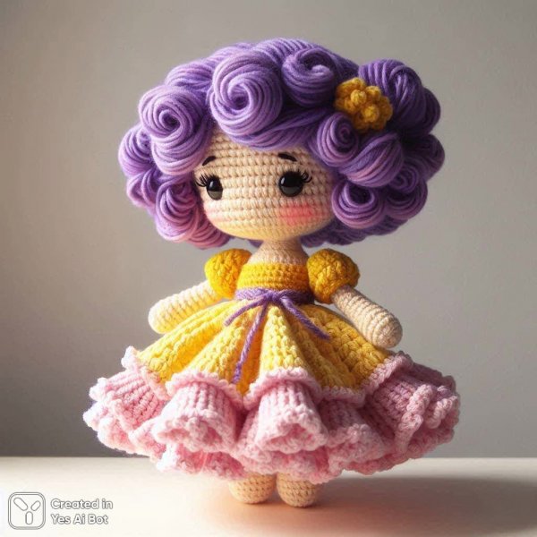 Милая кукла амигуруми с фиолетовыми волосами и жёлтым платьем. Нейросеть Dalle