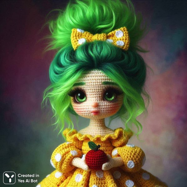 Кукла ручной работы с зелёными волосами в небрежном пучке и ярким платьем. Изображение из нейронной сети Dalle
