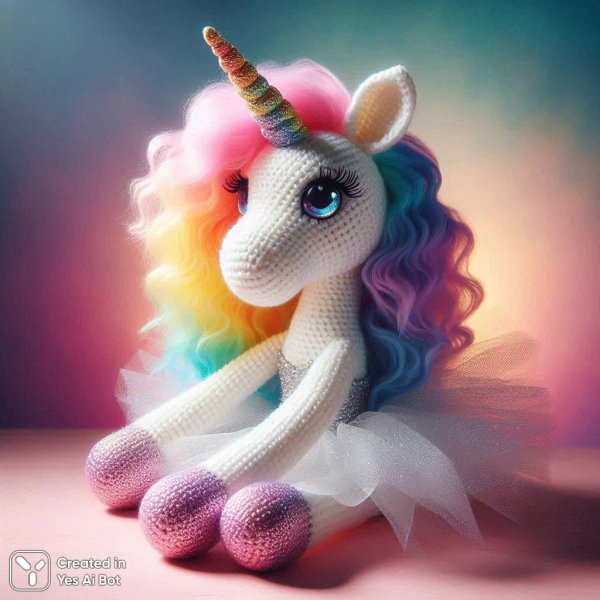 Милый вязаный единорог в серебристой пачке на розовом фоне. Изображение из нейронной сети Dalle 3