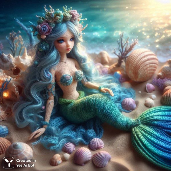 Ручная работа: очаровательная кукла русалка с голубыми волосами и сверкающим хвостом. Нейросеть Dalle