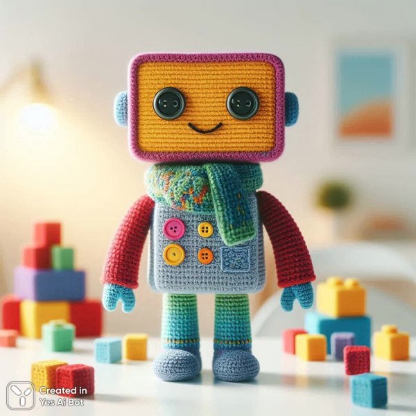 Забавный робот амигуруми в ярких цветах и окружении строительных блоков. Нейронная сеть Dalle 3