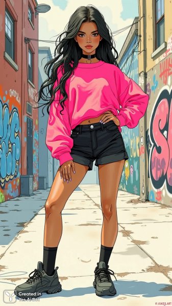 Неоновый стиль: городская мода и дерзкий образ современной модели. Картинка из нейронной сети Flux 1