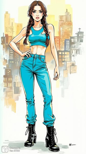 Яркий образ городской модницы в неоновых тонах. Генерация из нейросети Flux 1