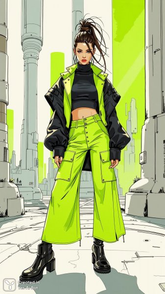 Неоновый силуэт в футуристичном городе: мода и грация. Изображение из нейронной сети Flux.1