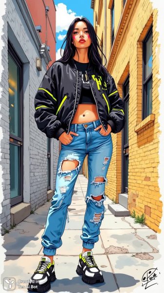 Городской стиль: дерзкая куртка и джинсы с платформой. Генерация из нейронной сети Flux.1