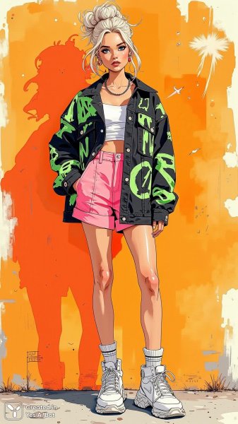 Неоновый бунт: дерзкий образ в черном дениме и ярких красках. Изображение из нейронной сети Flux 1