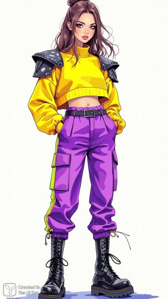 Яркий образ: мода в неоновых красках и дерзком настроении. Картинка из нейросети Flux 1