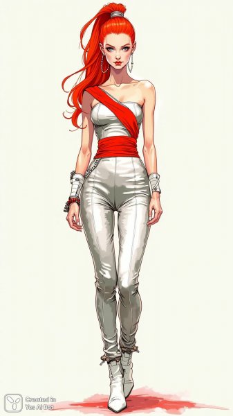 Неоновый шик: футуристичный образ в серебристом комбинезоне и красных акцентах. Изображение из нейронной сети Flux Ai