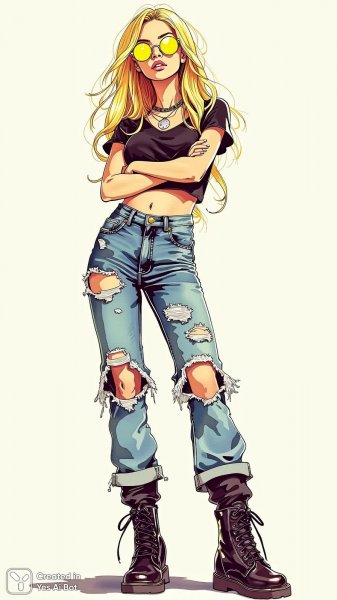 Яркий образ в неоновом стиле и джинсовой одежде с рваными деталями и массивными ботинками. Генерация из нейросети Flux 1