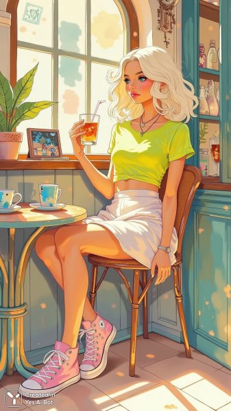 Нежная атмосфера кофейни и стиль современной девушки. Изображение из нейронной сети Flux 1