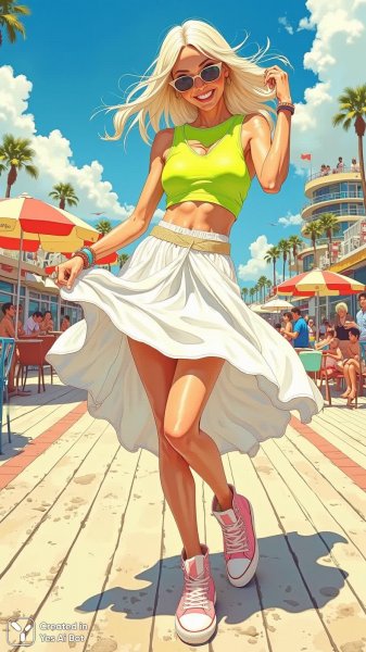 Яркая красотка на пляже: летнее настроение и стильный образ. Изображение из нейросети Flux