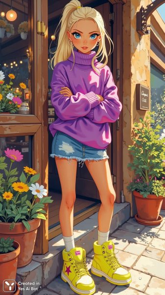 Яркая девушка у кафе: стиль и уверенность в городском пейзаже. Изображение из нейросети Flux 1