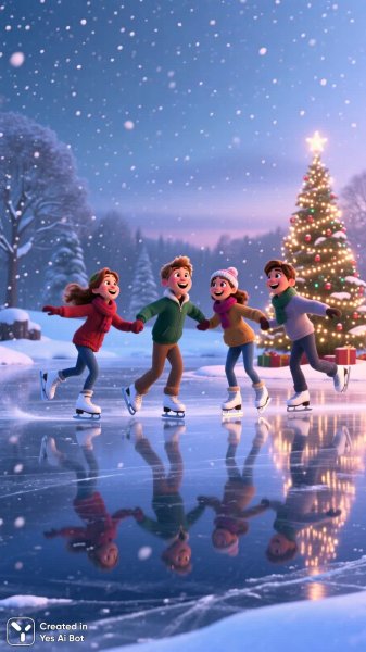 Зимнее веселье на замерзшем пруду: пиксаровская сказка и уютный вечер. Изображение из нейросети Qwen Image