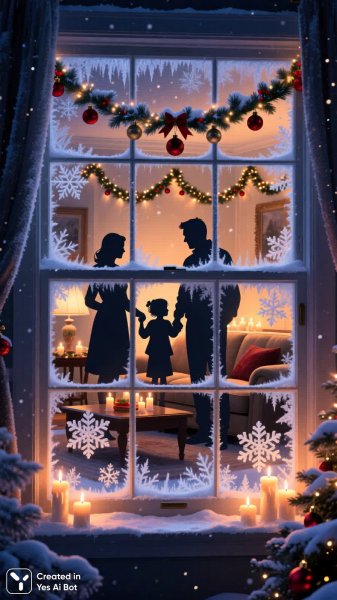 Новогодняя сказка у окна: тепло семейного очага в зимнюю ночь. Генерация из нейронной сети Qwen