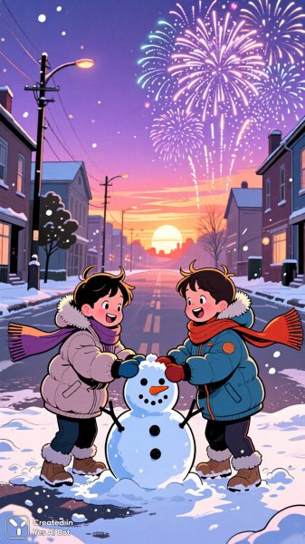 Новогоднее волшебство: дети строят снеговика на фоне фиолетового заката. Нейросеть Qwen Images