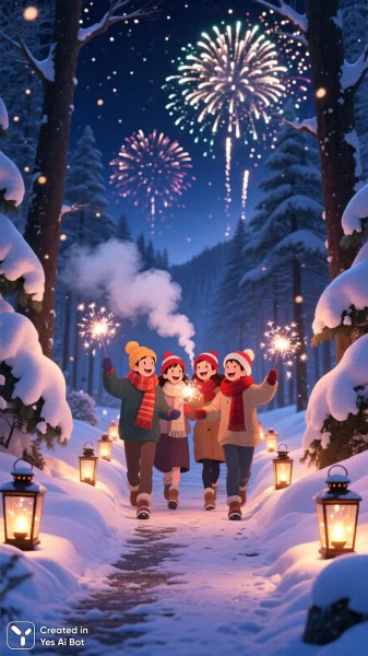 Зимняя сказка с друзьями и волшебными огнями. Картинка из нейросети Qwen Images