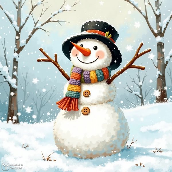 Снежный человечек крючком в зимнем пейзаже снегопада и ярким шарфом. Генерация из нейронной сети Flux.1