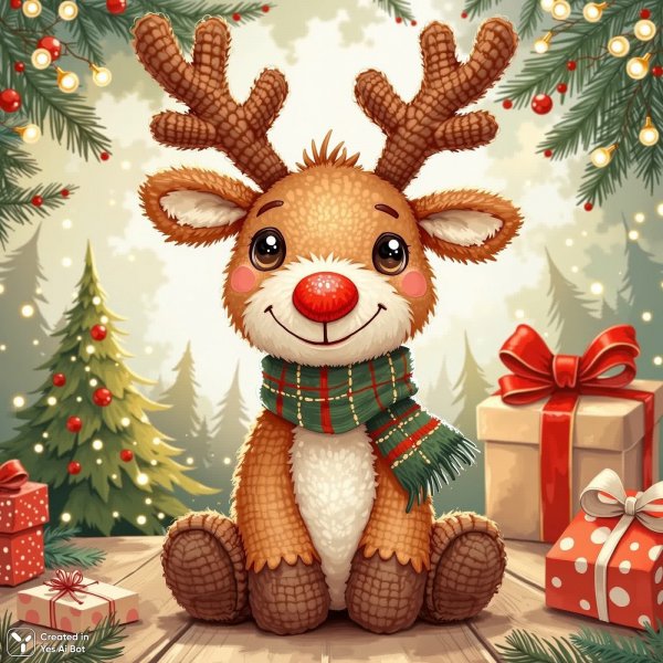 Милый вязаный олень с красным носом и праздничным настроением. Изображение из нейронной сети Flux 1