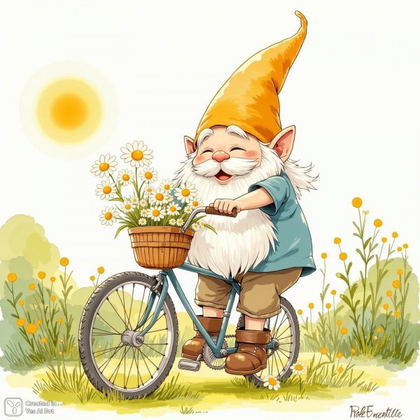 Весёлый гном на велосипеде с цветами и солнечным пейзажем. Нейросеть Flux Ai
