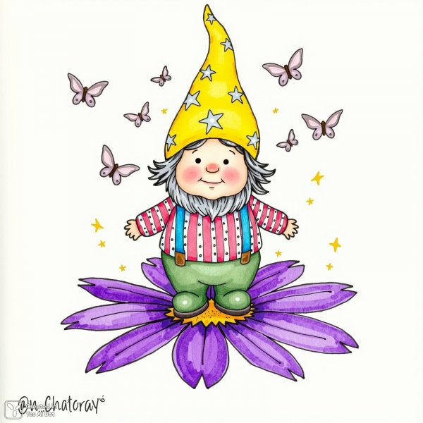 Забавный гном в полосатых штанах и желтой шляпе с серебряными звёздами. Генерация из нейросети Flux Ai