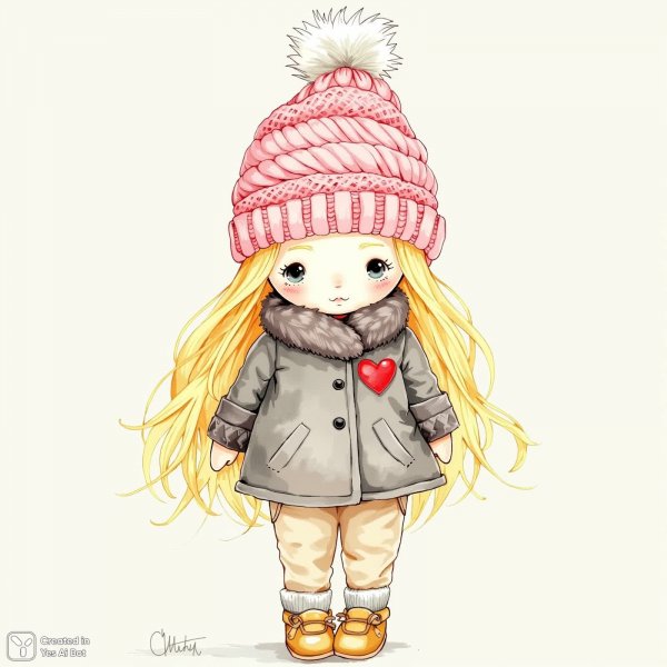 Милая кукла в розовом берете и уютном пальто: наивное искусство рисунка. Изображение из нейросети Flux 1