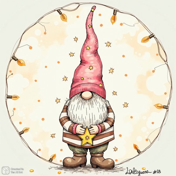 Забавный гном с золотыми звёздами в праздничном уголке. Картинка из нейронной сети Flux.1