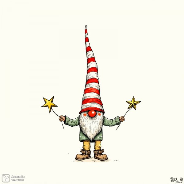 Маленький гном с золотыми звездами: очаровательная иллюстрация в стиле наивного искусства. Изображение из нейросети Flux 1