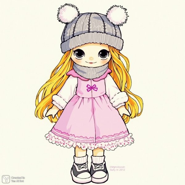 Милая кукла в вязаном головном уборе: наивное искусство и забавные детали. Картинка из нейронной сети Flux Ai