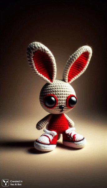 Жуткий вязаный зайчик с красными кроссовками. Генерация из нейросети Dalle