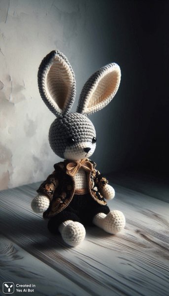 Милый вязаный зайчик ручной работы с золотыми акцентами. Нейросеть Dalle