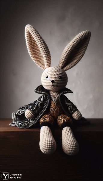 Милый вязаный зайчик ручной работы в золотых тонах. Изображение из нейронной сети Dalle