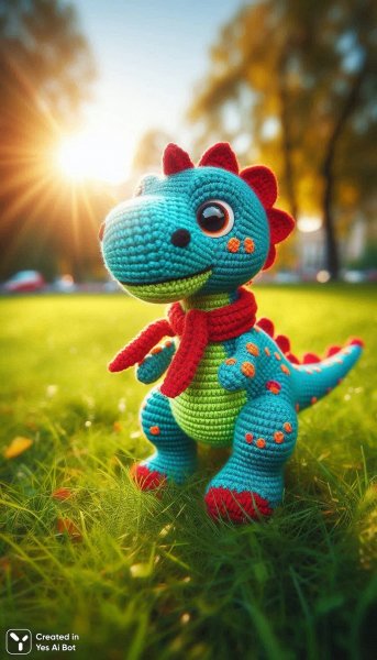Яркий вязаный динозавр в солнечном парке: игрушка с красным шарфом и забавными глазами. Нейросеть Dalle-3