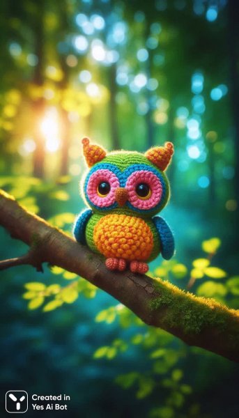 Милый вязаный совушка в ярких цветах на ветке дерева. Изображение из нейронной сети Dalle